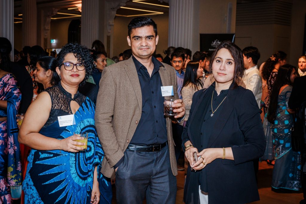 Tanveer (middle) photographed with Australia Awards scholars Aamna Ameen Sahibzada from Pakistan (right) and Bhashika Edirisinghe from Sri Lanka (left) at the 2025 End of Year Event in Melbourne.